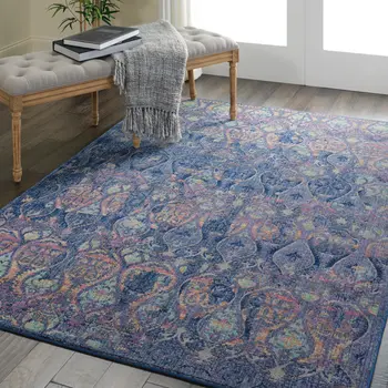 4' X 6' Navy Blue and Orange Ogee Distressed Non Skid Area Rug