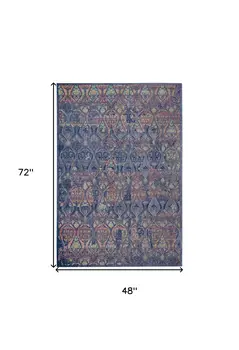 4' X 6' Navy Blue and Orange Ogee Distressed Non Skid Area Rug