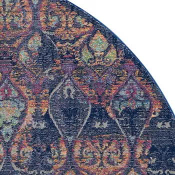 6' Navy Blue and Orange Ogee Distressed Non Skid Round Rug