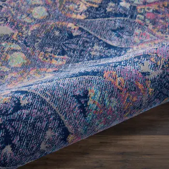 6' Navy Blue and Orange Ogee Distressed Non Skid Round Rug
