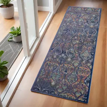 6' Navy Blue and Orange Ogee Distressed Non Skid Runner Rug