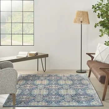 4' X 6' Ivory Navy Blue and Yellow Floral Distressed Non Skid Area Rug