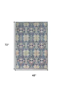 4' X 6' Ivory Navy Blue and Yellow Floral Distressed Non Skid Area Rug