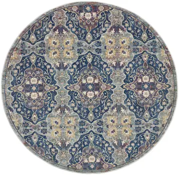 6' Ivory Navy Blue and Yellow Floral Distressed Non Skid Round Rug