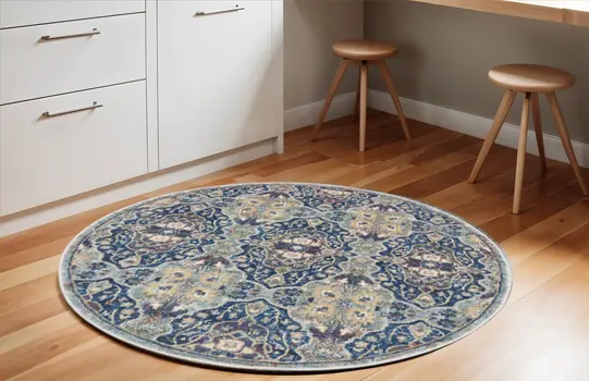 6' Ivory Navy Blue and Yellow Floral Distressed Non Skid Round Rug