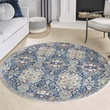 6' Ivory Navy Blue and Yellow Floral Distressed Non Skid Round Rug