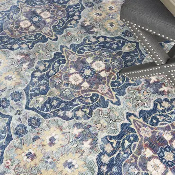 6' Ivory Navy Blue and Yellow Floral Distressed Non Skid Round Rug