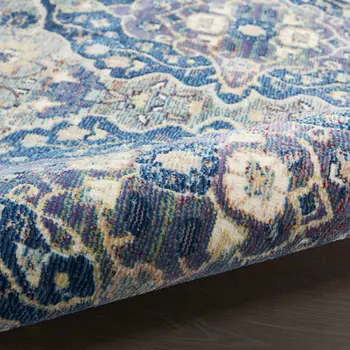 6' Ivory Navy Blue and Yellow Floral Distressed Non Skid Round Rug