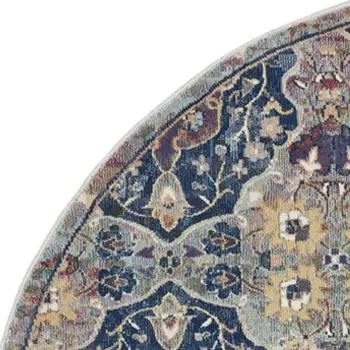 6' Ivory Navy Blue and Yellow Floral Distressed Non Skid Round Rug
