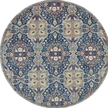 6' Ivory Navy Blue and Yellow Floral Distressed Non Skid Round Rug