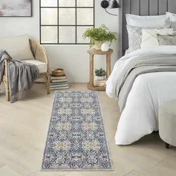 6' Ivory Navy Blue and Yellow Floral Distressed Non Skid Runner Rug