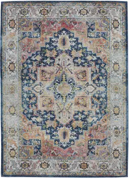 4' X 6' Ivory Blue and Orange Floral Medallion Distressed Non Skid Area Rug