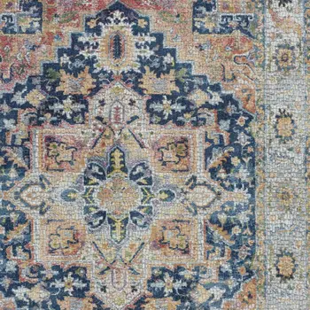 4' X 6' Ivory Blue and Orange Floral Medallion Distressed Non Skid Area Rug