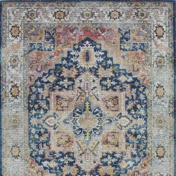 4' X 6' Ivory Blue and Orange Floral Medallion Distressed Non Skid Area Rug