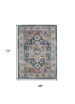 4' X 6' Ivory Blue and Orange Floral Medallion Distressed Non Skid Area Rug