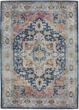4' X 6' Ivory Blue and Orange Floral Medallion Distressed Non Skid Area Rug