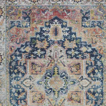 4' X 6' Ivory Blue and Orange Floral Medallion Distressed Non Skid Area Rug