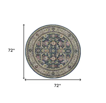 6' Navy Blue and Yellow Floral Distressed Non Skid Round Rug
