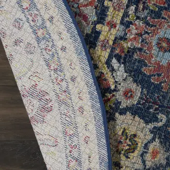 6' Navy Blue and Yellow Floral Distressed Non Skid Round Rug