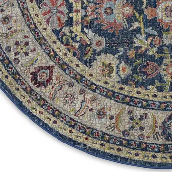6' Navy Blue and Yellow Floral Distressed Non Skid Round Rug