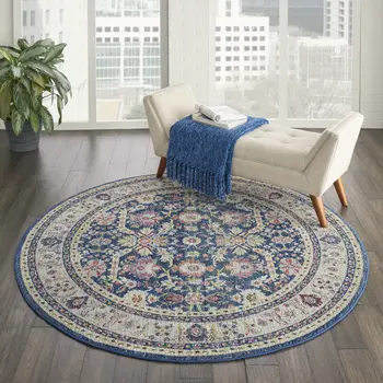 6' Navy Blue and Yellow Floral Distressed Non Skid Round Rug