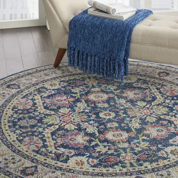 6' Navy Blue and Yellow Floral Distressed Non Skid Round Rug