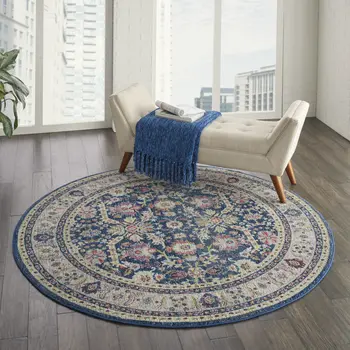 6' Navy Blue and Yellow Floral Distressed Non Skid Round Rug