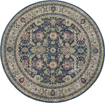 6' Navy Blue and Yellow Floral Distressed Non Skid Round Rug