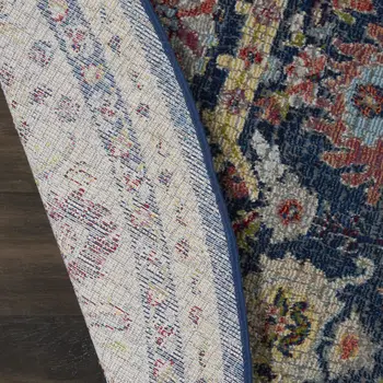 6' Navy Blue and Yellow Floral Distressed Non Skid Round Rug