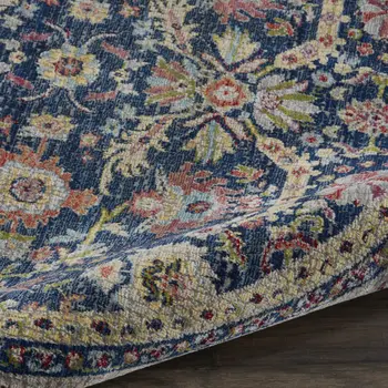 6' Navy Blue and Yellow Floral Distressed Non Skid Round Rug
