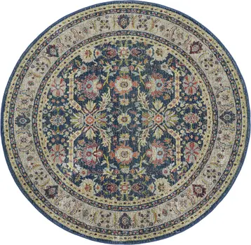 6' Navy Blue and Yellow Floral Distressed Non Skid Round Rug