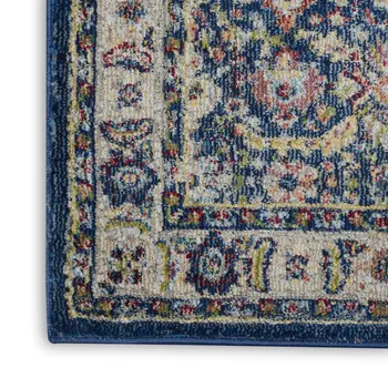 6' Navy Blue and Yellow Floral Distressed Non Skid Runner Rug