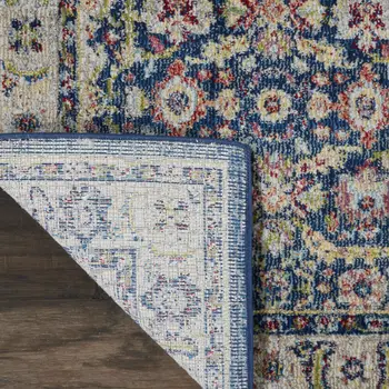 6' Navy Blue and Yellow Floral Distressed Non Skid Runner Rug