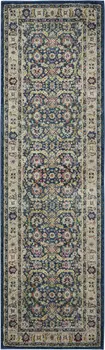 6' Navy Blue and Yellow Floral Distressed Non Skid Runner Rug