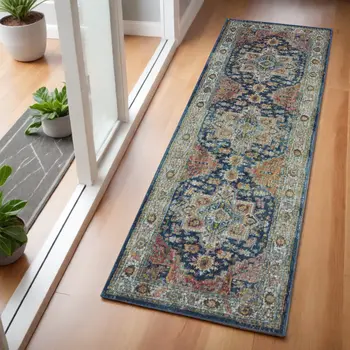 6' Ivory Blue and Orange Floral Distressed Non Skid Runner Rug