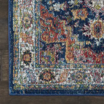 6' Ivory Blue and Orange Floral Distressed Non Skid Runner Rug