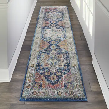 6' Ivory Blue and Orange Floral Distressed Non Skid Runner Rug