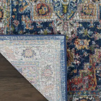 6' Ivory Blue and Orange Floral Distressed Non Skid Runner Rug