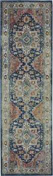 6' Ivory Blue and Orange Floral Distressed Non Skid Runner Rug