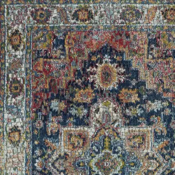 6' Ivory Blue and Orange Floral Distressed Non Skid Runner Rug