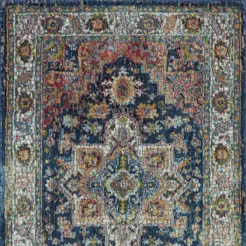 6' Ivory Blue and Orange Floral Distressed Non Skid Runner Rug