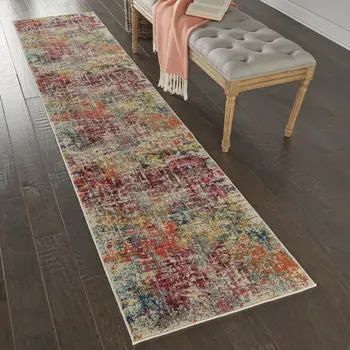 10' Ivory Orange and Pink Abstract Distressed Non Skid Runner Rug