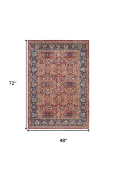 4' X 6' Blue and Red Oriental Distressed Non Skid Area Rug