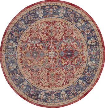 6' Navy Blue and Red Floral Distressed Non Skid Round Rug