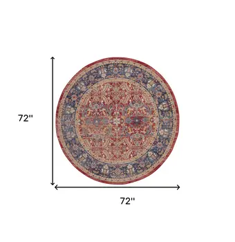 6' Navy Blue and Red Floral Distressed Non Skid Round Rug