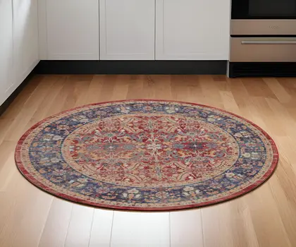 6' Navy Blue and Red Floral Distressed Non Skid Round Rug
