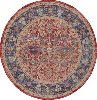 6' Navy Blue and Red Floral Distressed Non Skid Round Rug