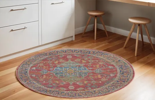 6' Blue and Red Floral Medallion Distressed Non Skid Round Rug