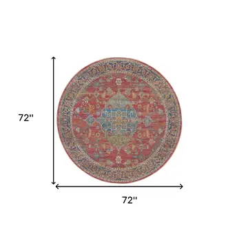 6' Blue and Red Floral Medallion Distressed Non Skid Round Rug