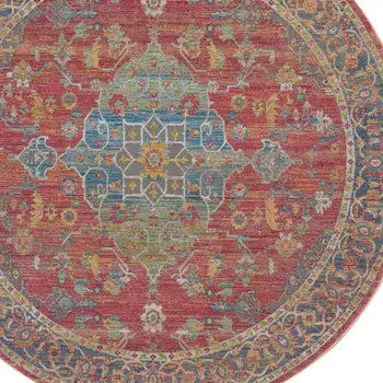 6' Blue and Red Floral Medallion Distressed Non Skid Round Rug
